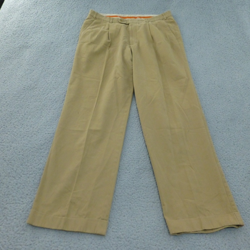 Hiltl Pants Mens Size 35x31 Khaki Pleated Trousers Cotton Cuffed Tan